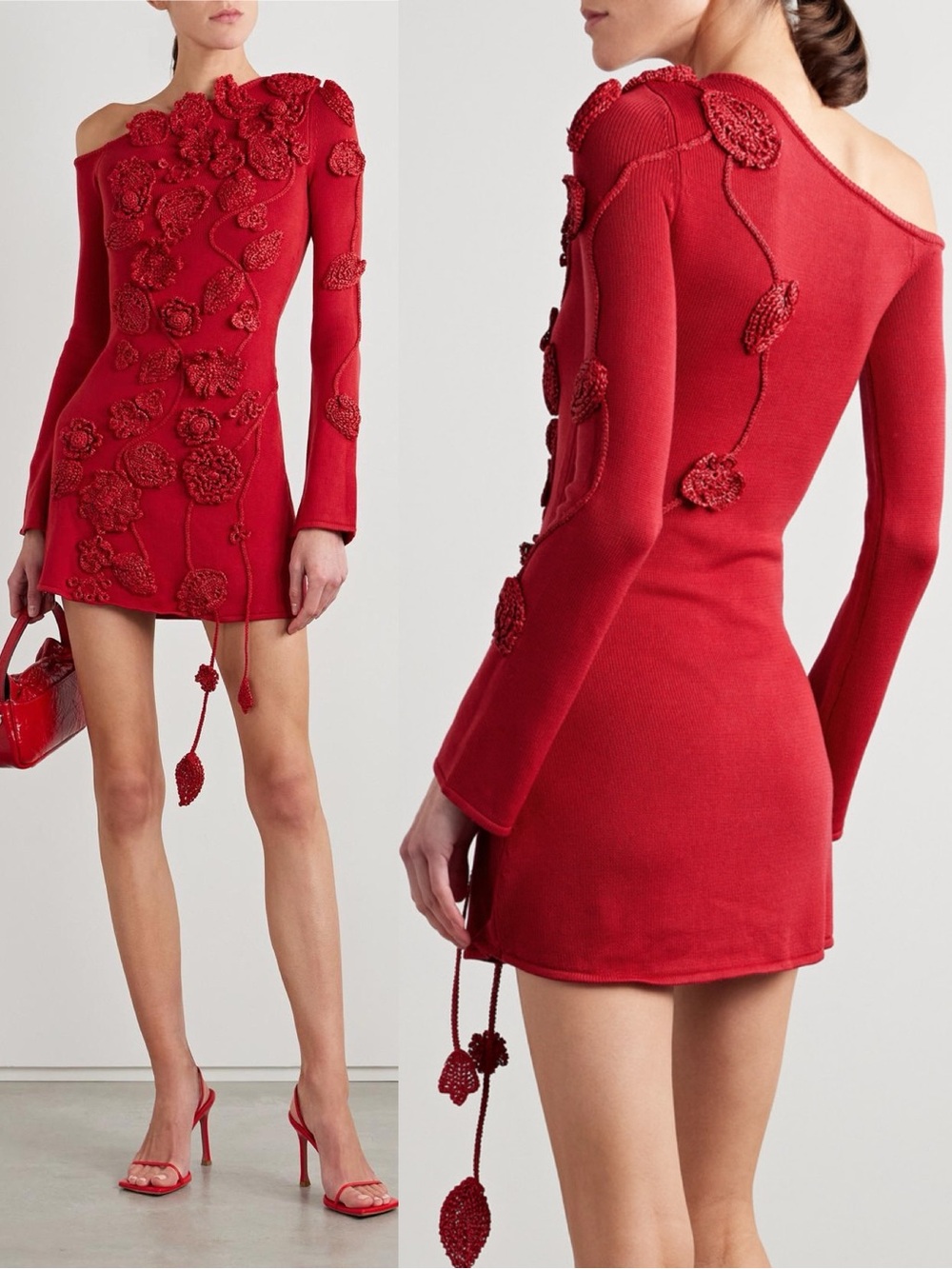 Cult Gaia Kaela Knit Hand Crocheted Floral Appliquéd Mini Dress Red NEW with tag